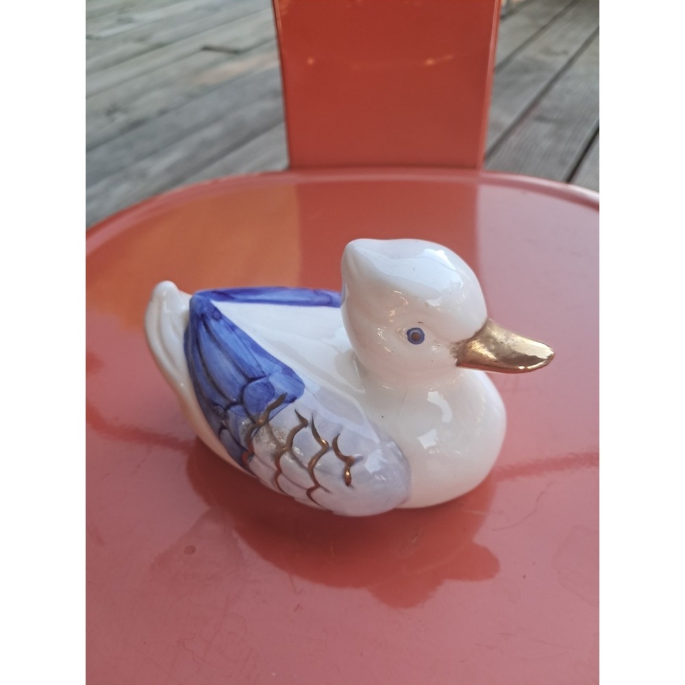 Vintage Ceramic Duck Figurine Hand Painted Blue White‎ Gold 3.5" Kitsch MCM